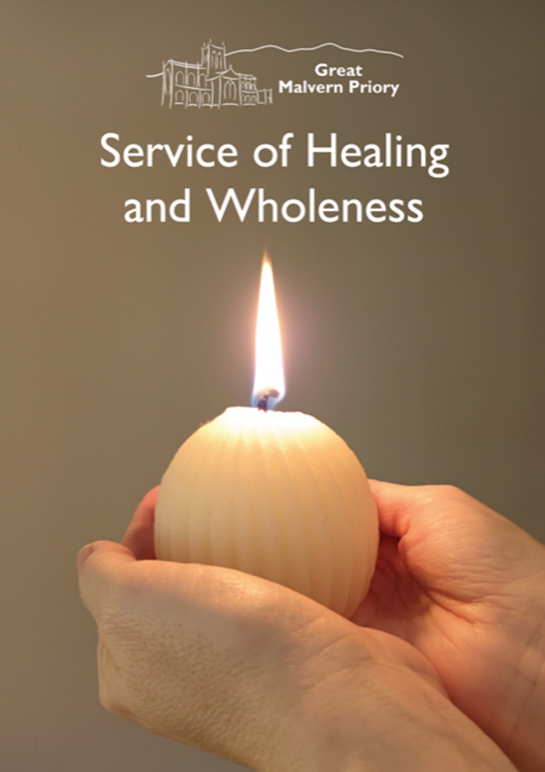 Poster for the service of healing and wholeness featuring a hand holding a lit candle.