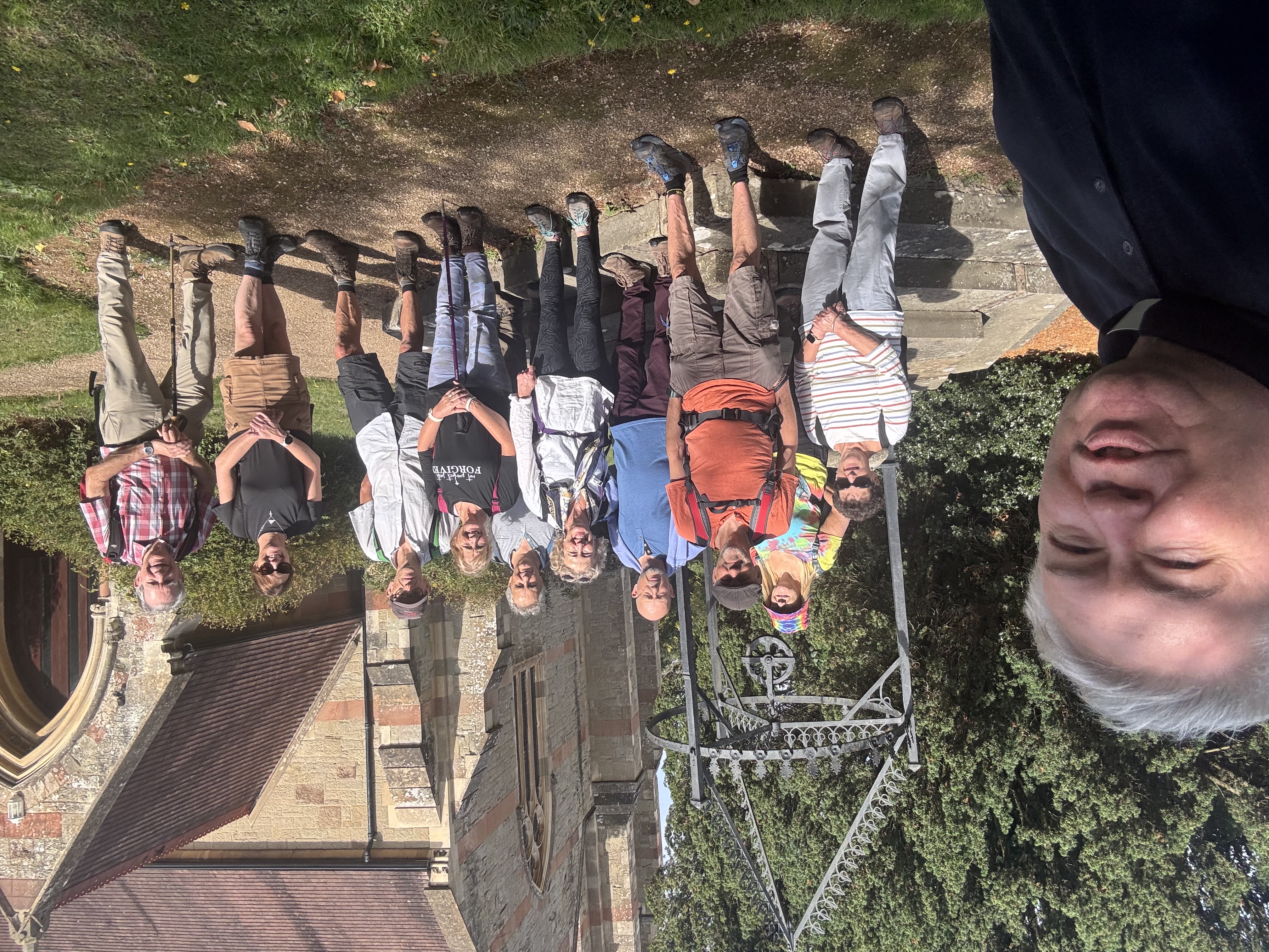 Gary Crellin takes a selfie with pilgrims outside Madresfield church