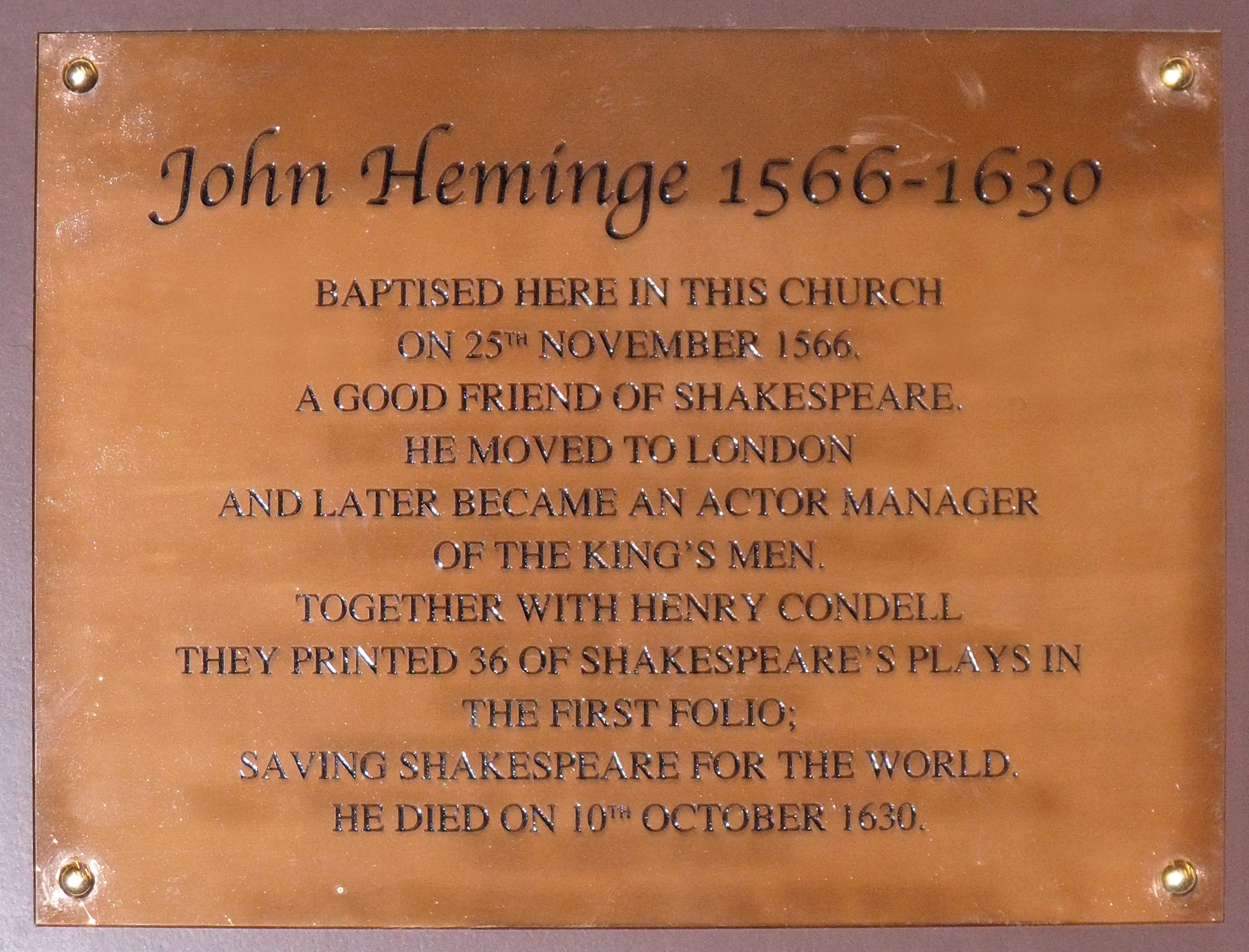 Plaque for John Heminge