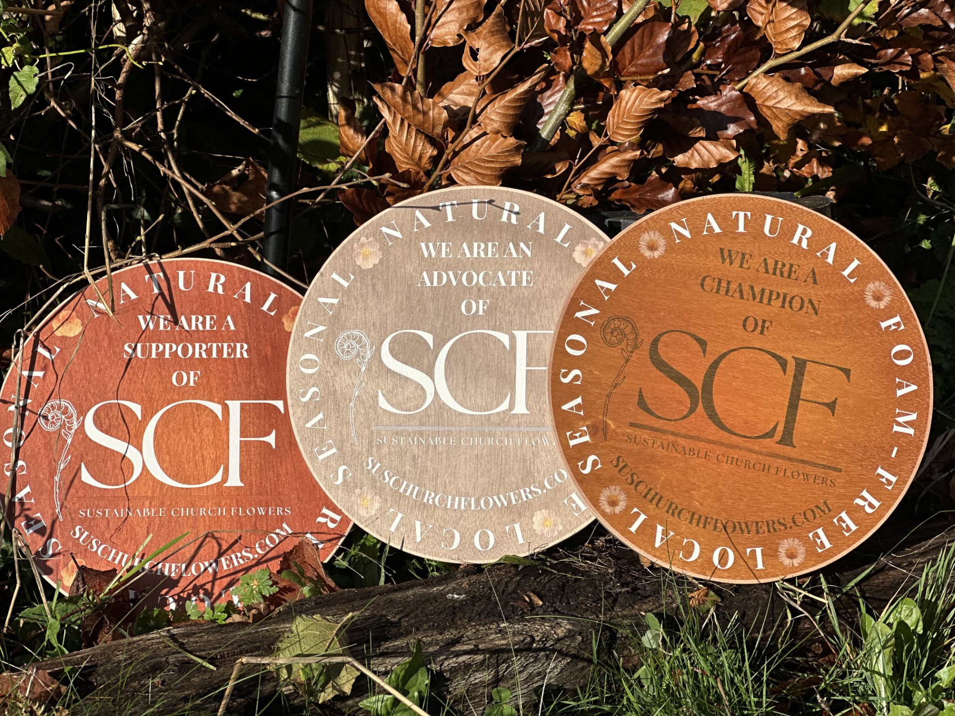 Set of three plaques which churches can apply for to signify their sustainable flower use