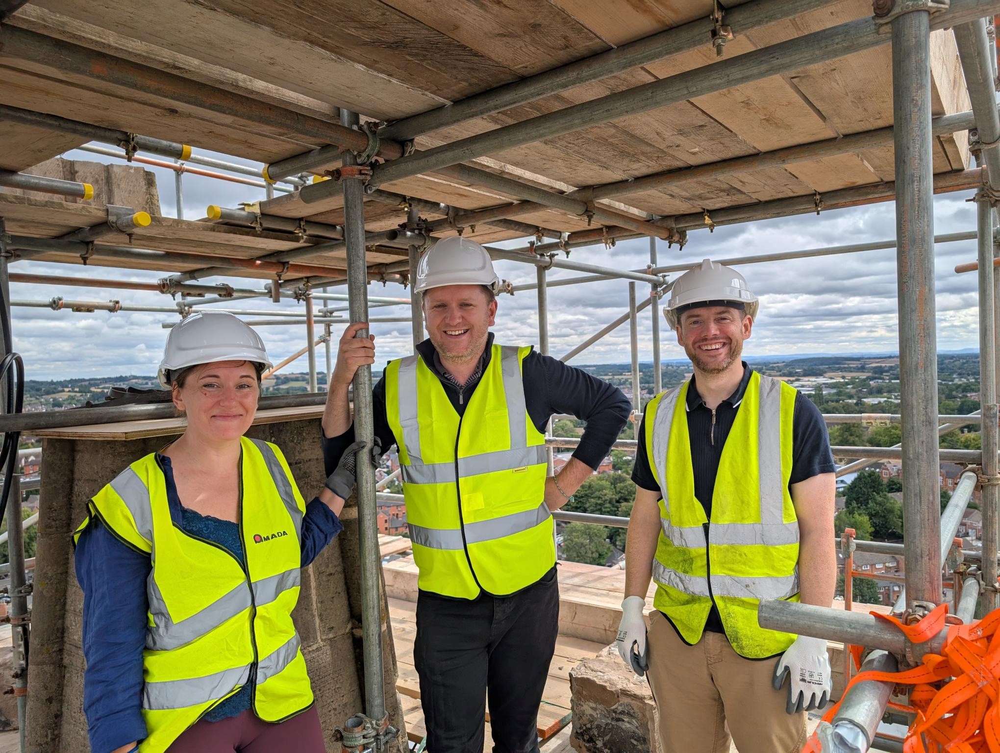 Hannah, Mark and Lee up St John's Church Bromsgrove's spire