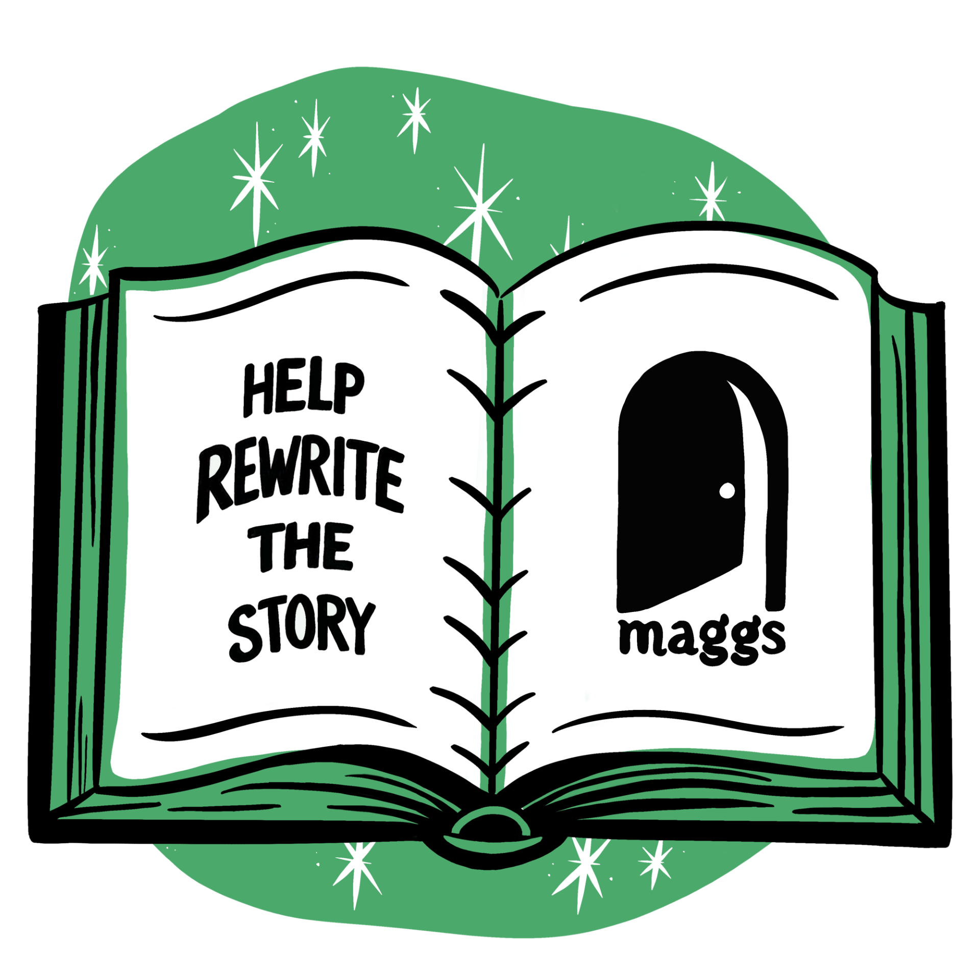Maggs help rewrite the story logo pictured on an open book
