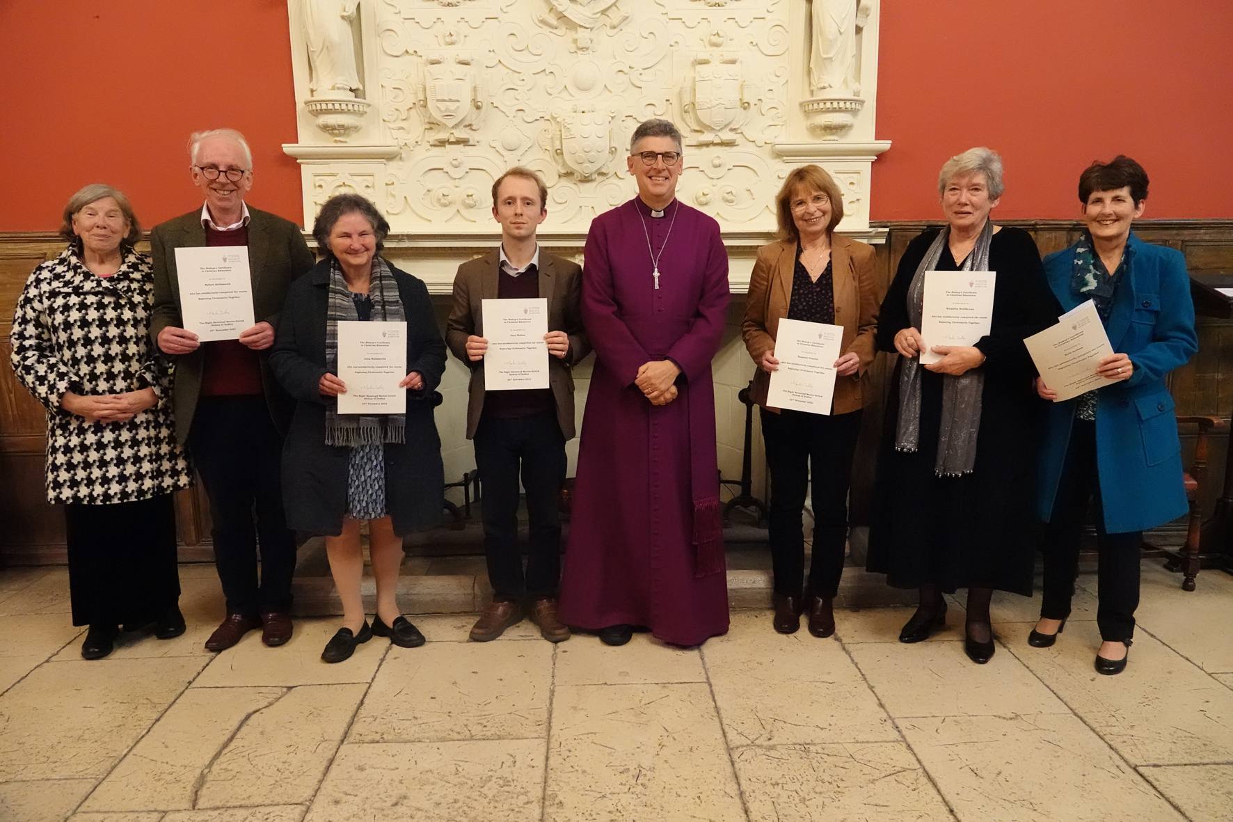 The group of people who completed their Bishops certificate in Worcester standing with Bishop Martin