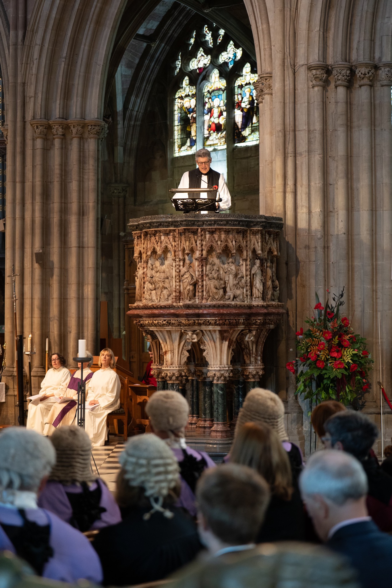 Bishop Martin standing in the pulpit in Worcester Cathedral preaching on Remembrance Sunday