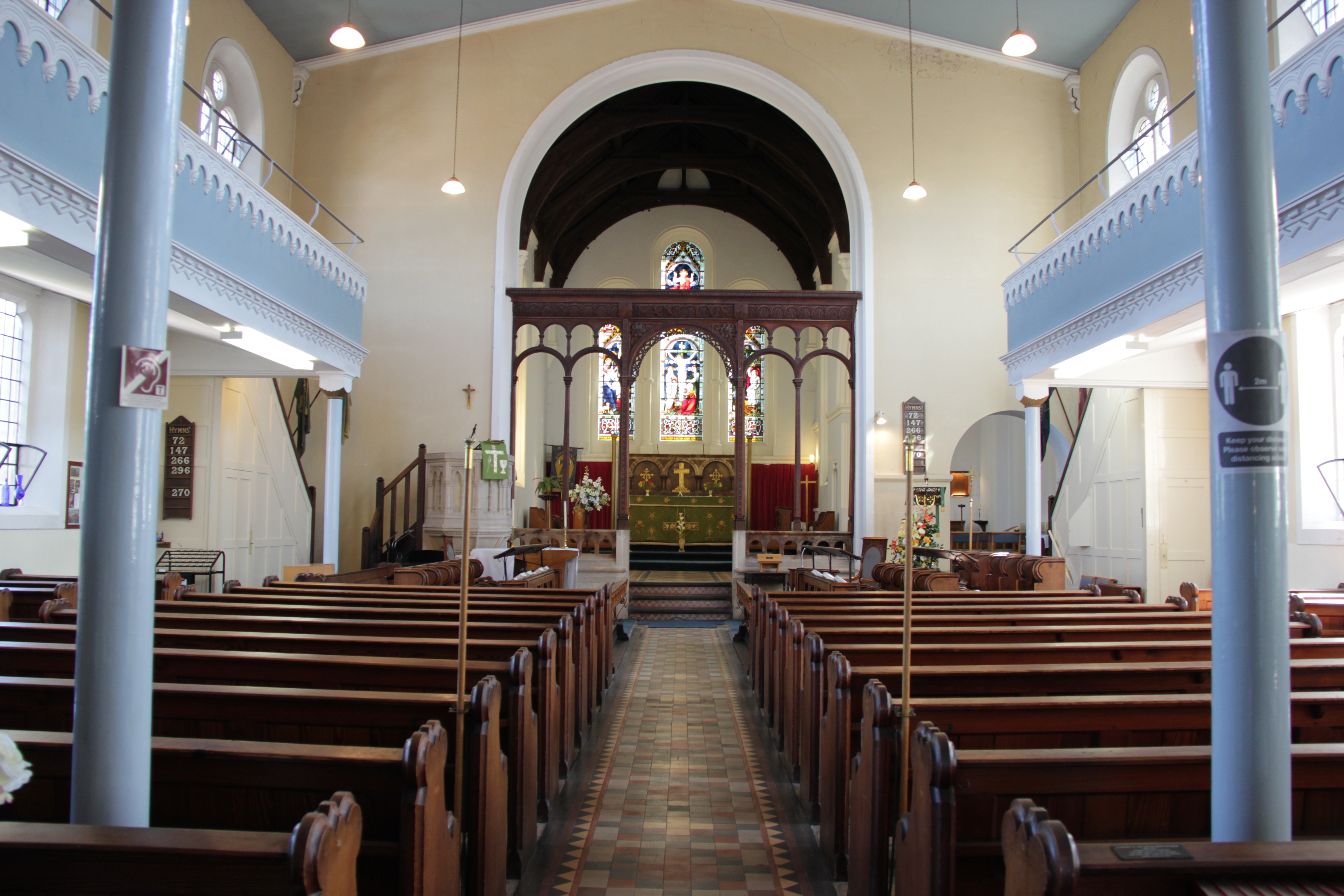The inside of St Clement's Church in Worcester, looking towards the altar