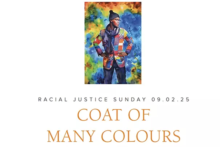 A picture of a person of global majority heritage wearing a coat of many colours with the words and the date of racial justice sunday written underneath