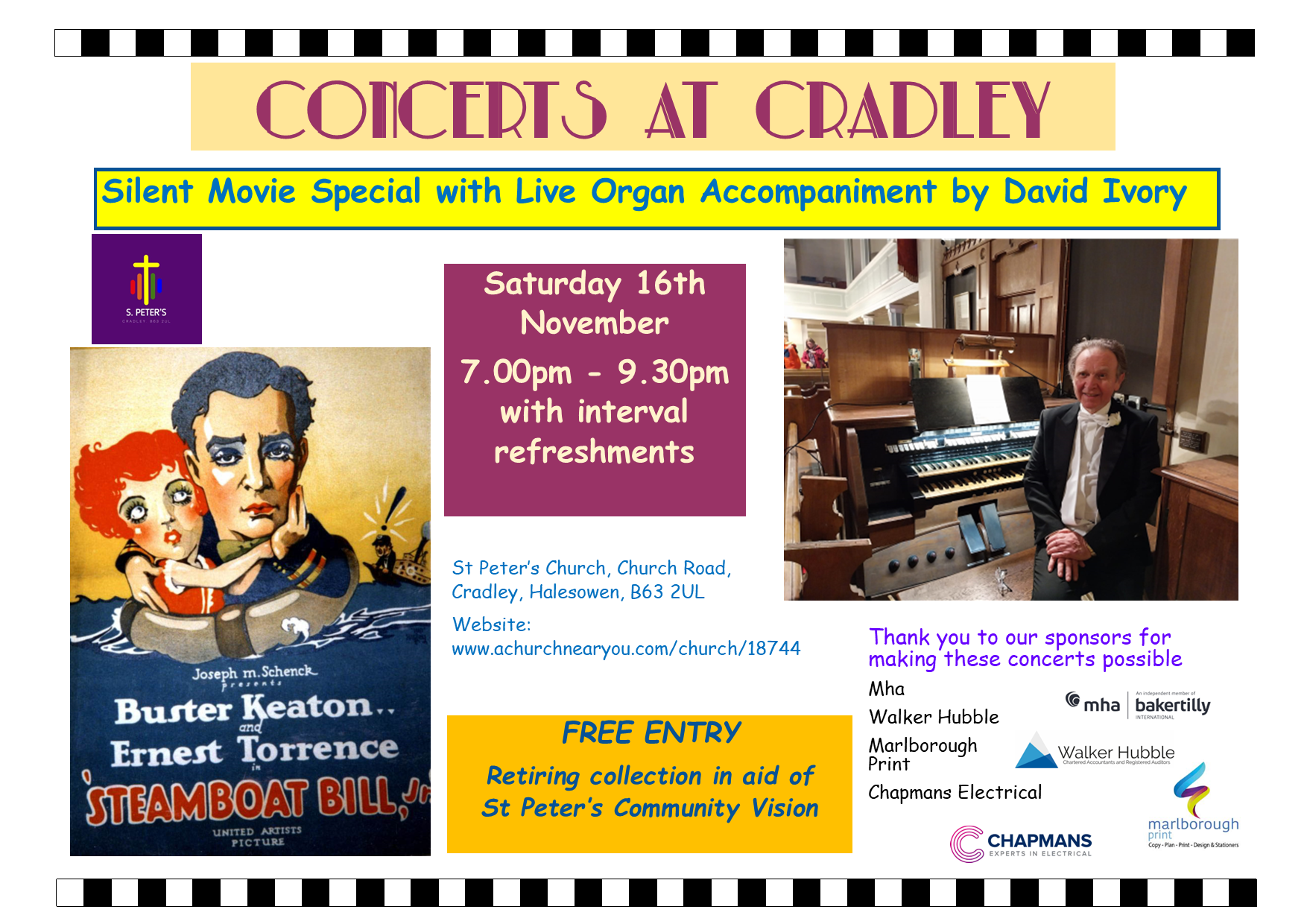 poster for silent movie night at Cradley Church