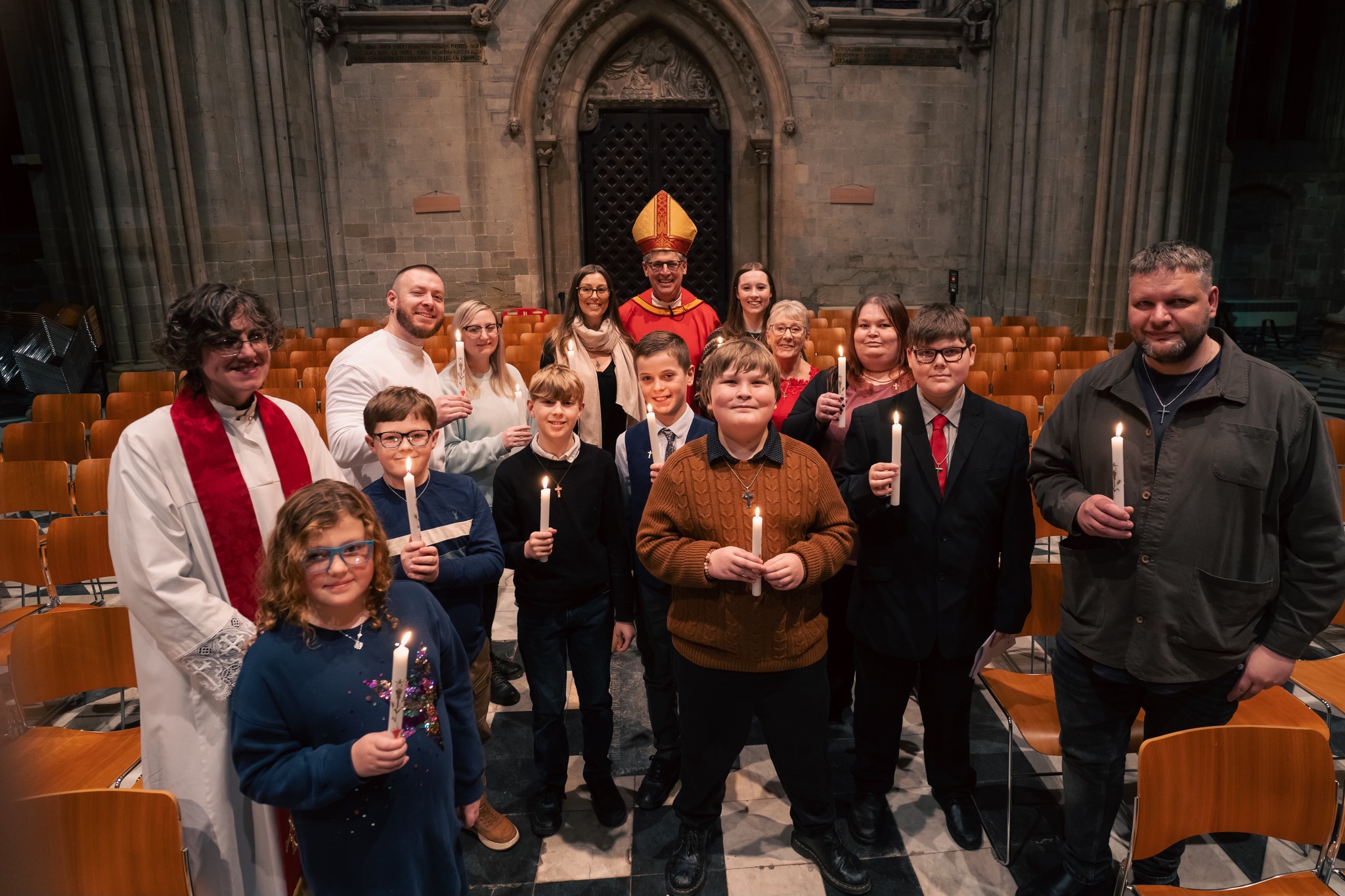 Confirmation candidates from Halas parish standing with Mother Victoria and Bishop Martin