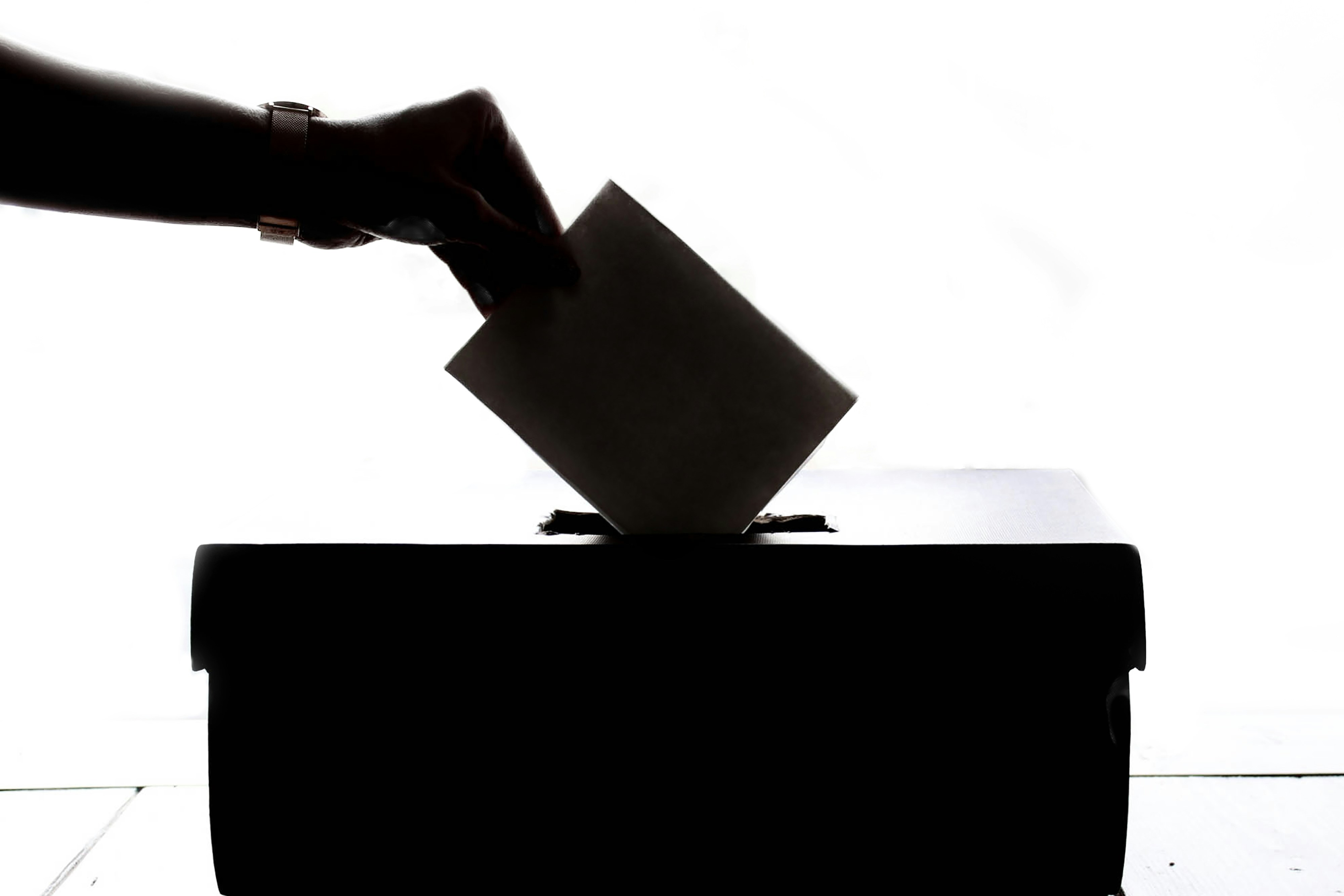 Black and white image of a person posting their vote into a box