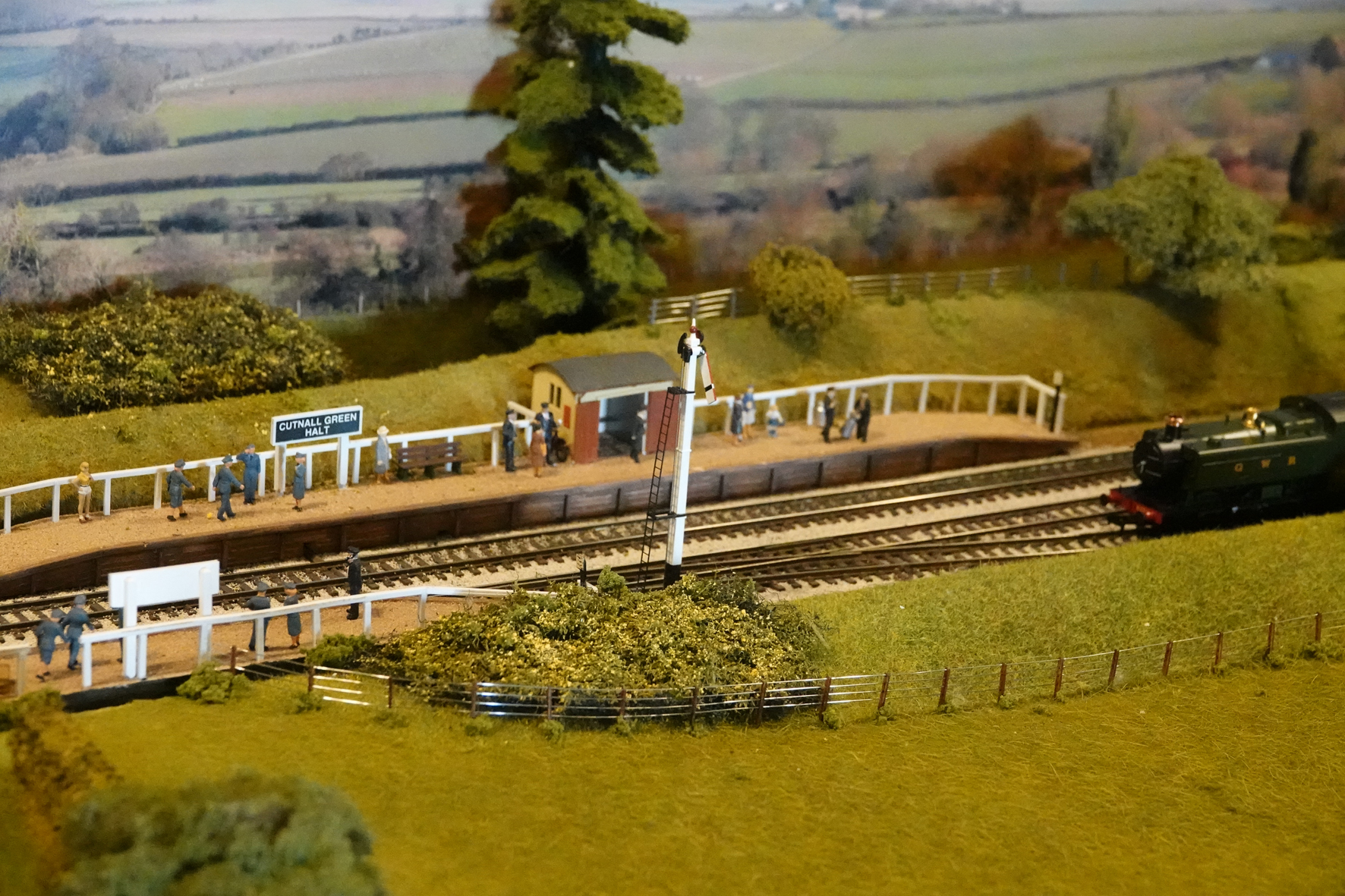 Close up of Cutnall Green Halt on model railway