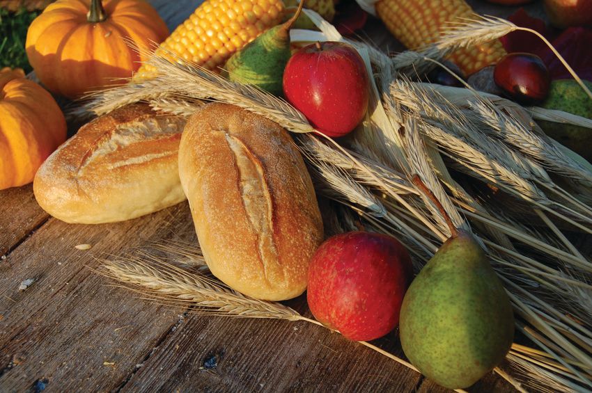 two small loaves of bread with fruit, veg and wheat stalks