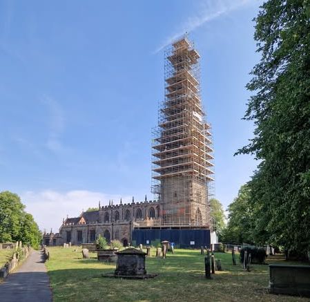 St John's Church Bromsgrove's spire with scaffolding