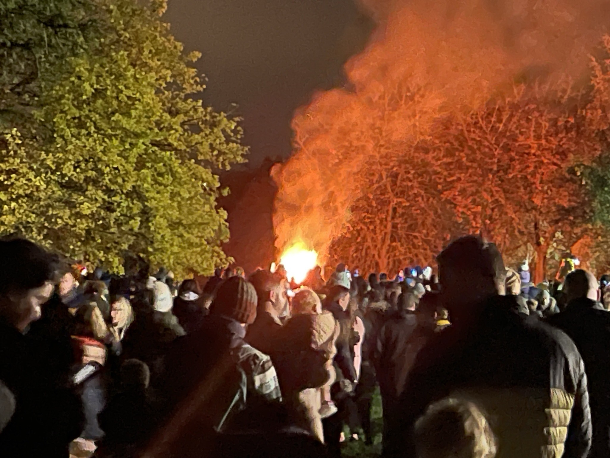 Crowds of people watching the bonfire at Tardebigge Church