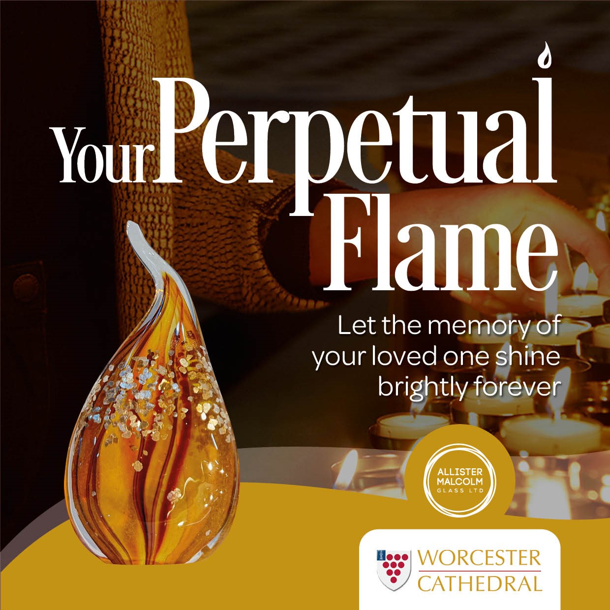 A picture of the perpetual flame with the Cathedral logo