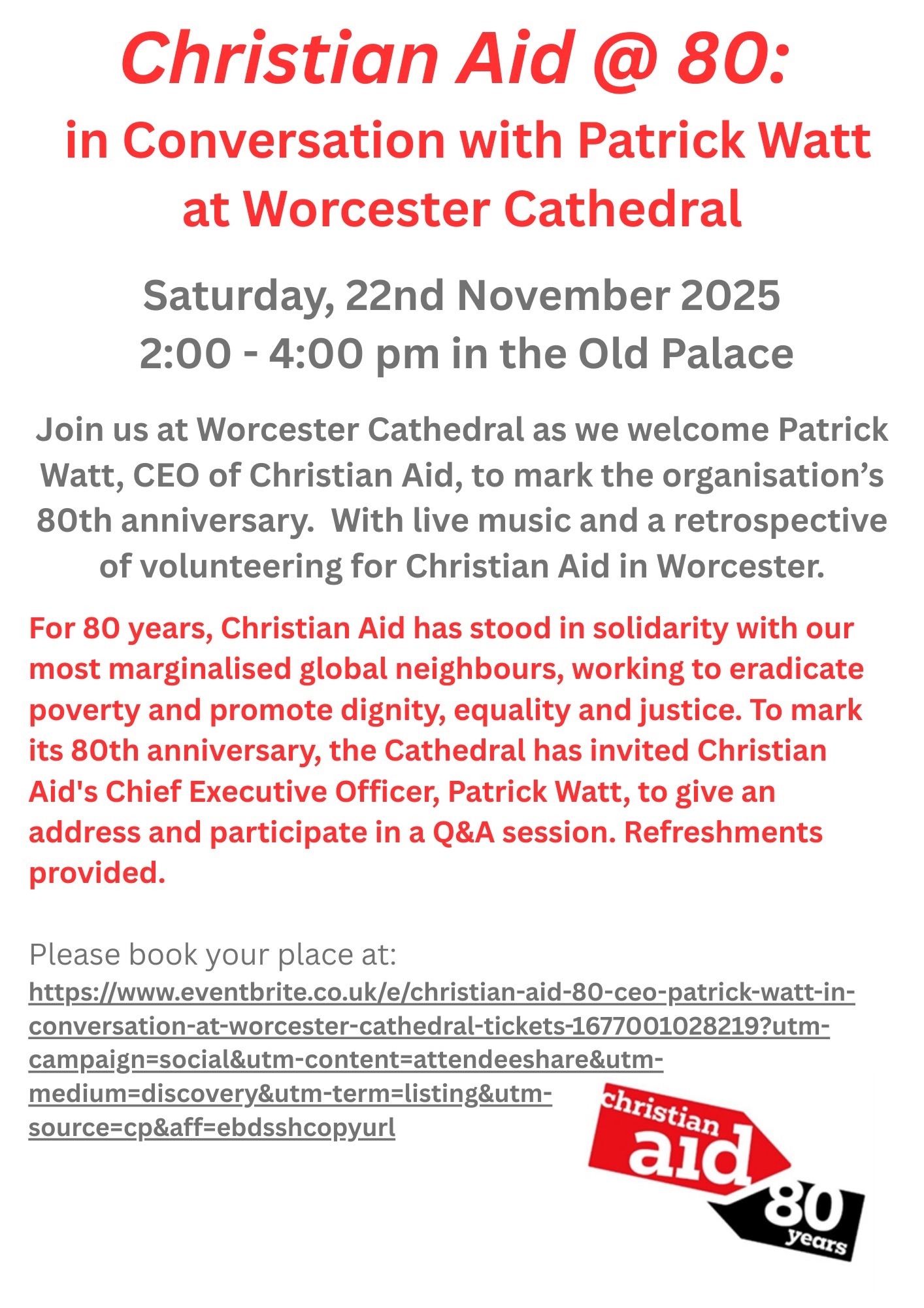 Christian Aid at 80 event in the Cathedral poster