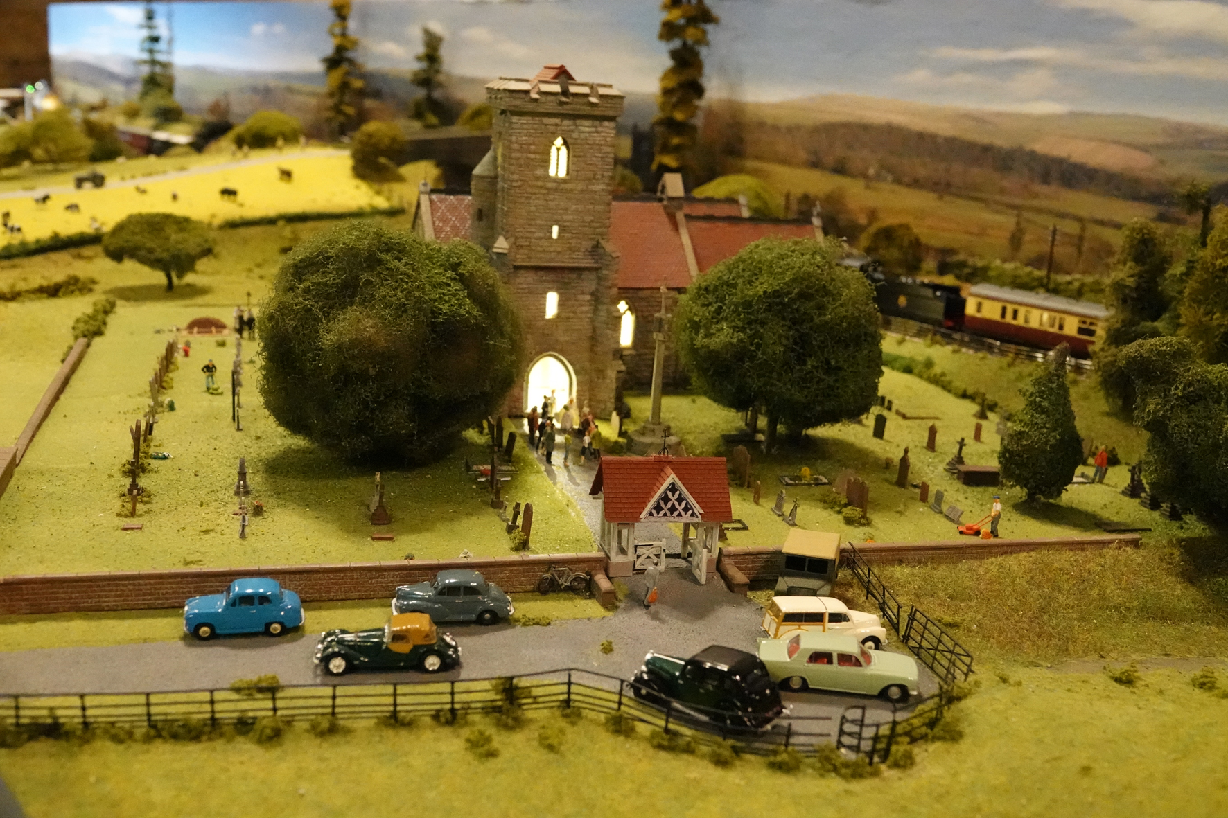 Close up of Hampton Lovett church on the model railway exhibition