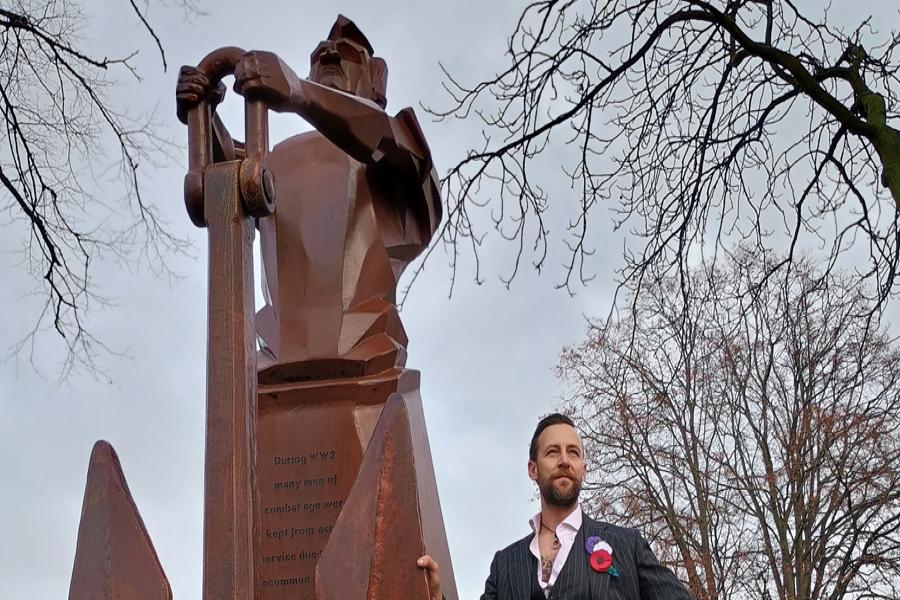Cradley Heath reserved occupations monument with Luke Perry.jpg