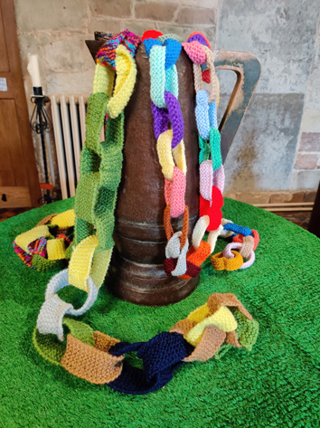 Knitted chains arranged in church