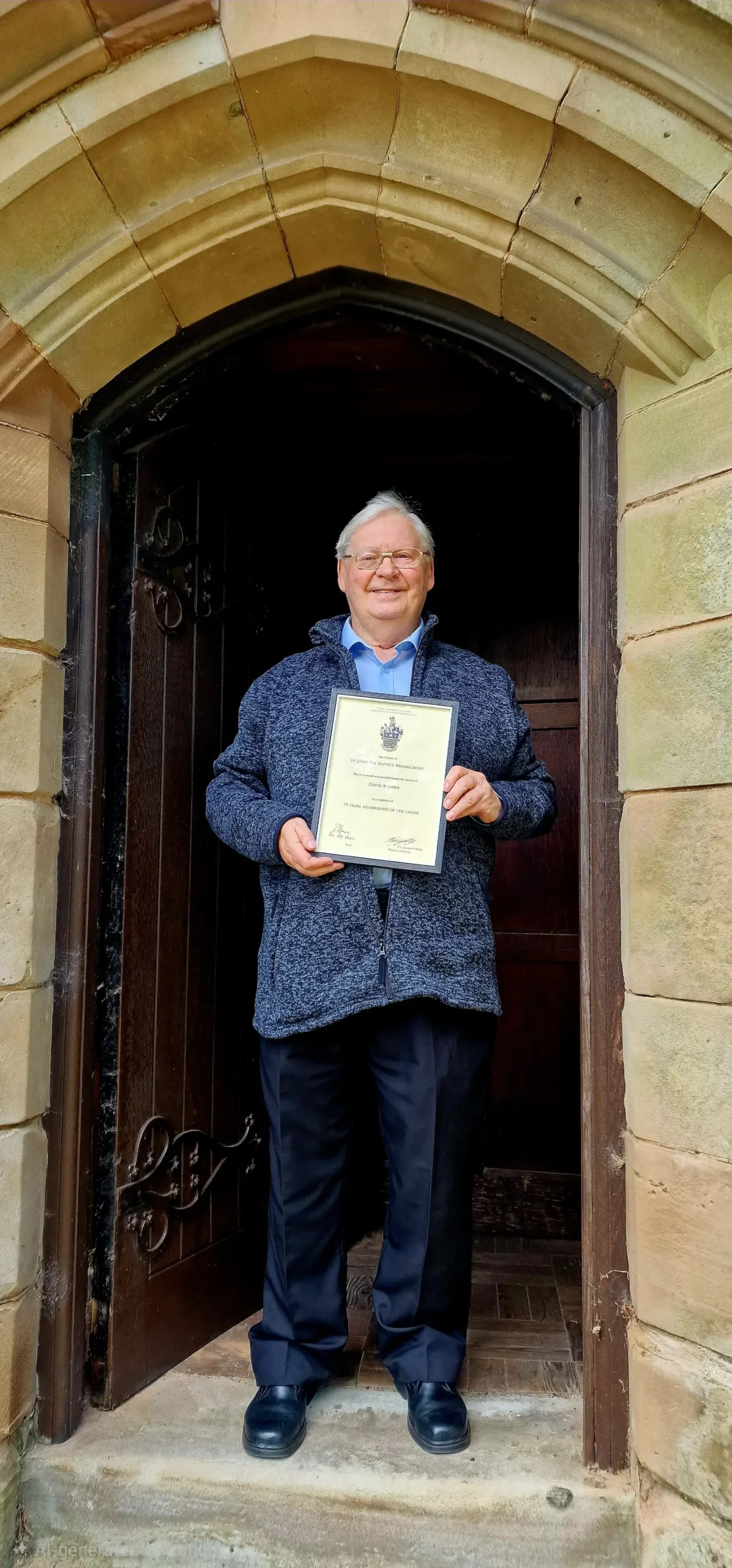 Dave Banner stands in the doorway of St John's church holding his certificate