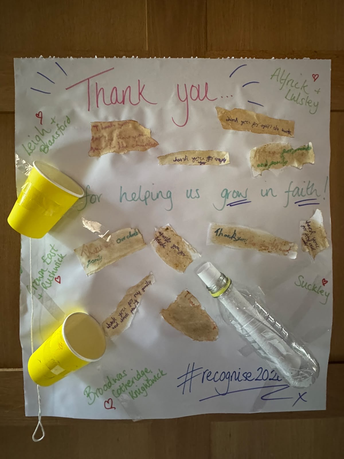 Thank you message board with handwritten notes