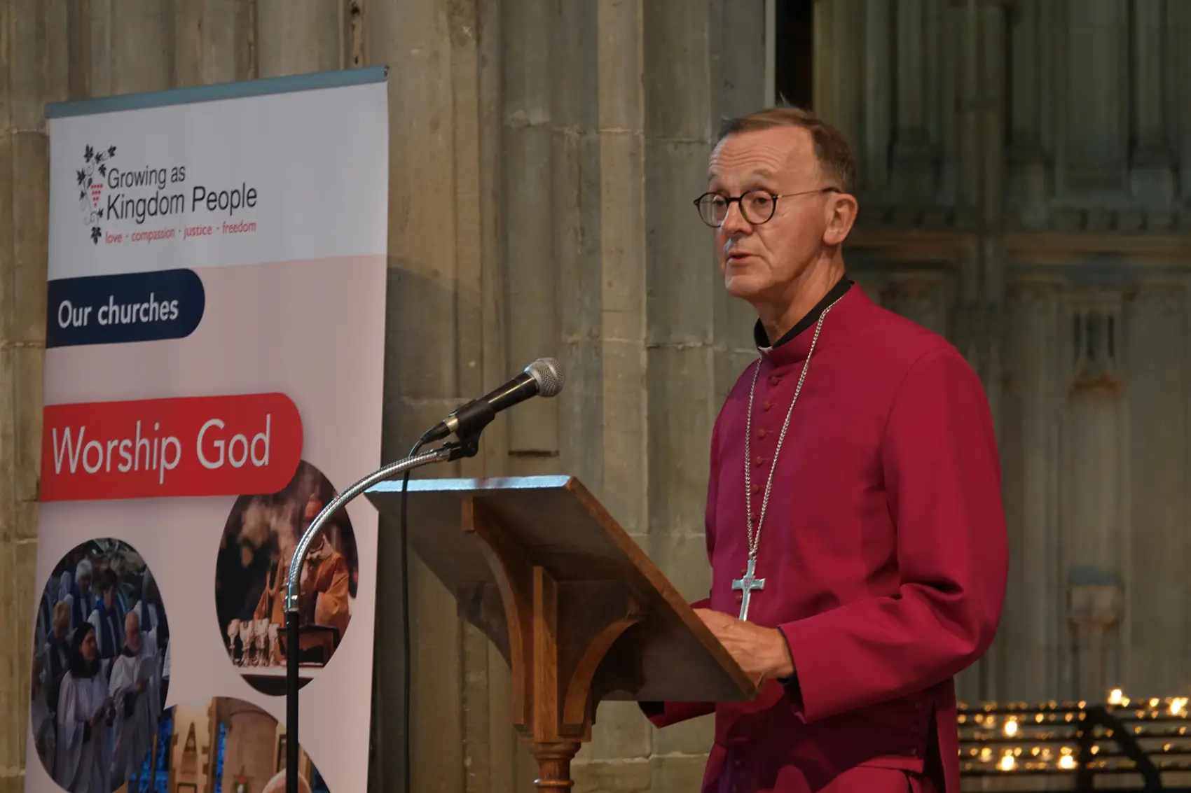 Bishop John at the lectern in the cathedral launching praying for growth