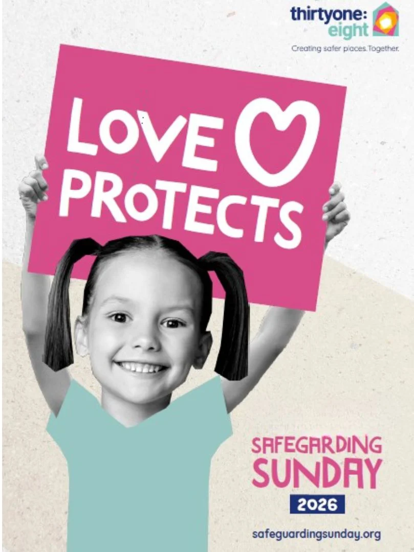 Poster for Safeguarding sunday with a child holding up a sign saying love protects